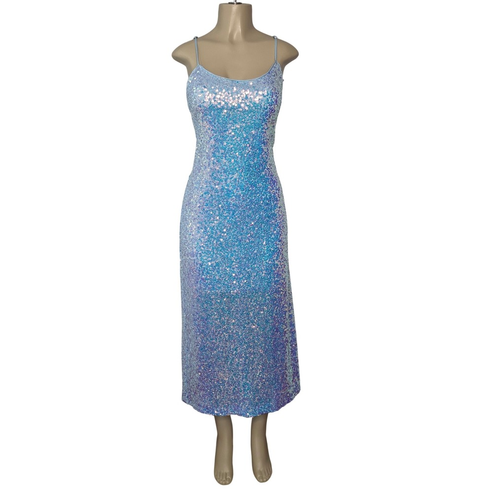 Wild Fable Sequin Dress Women XL Blue Iridescent Midi Sheath Adjustable Straps